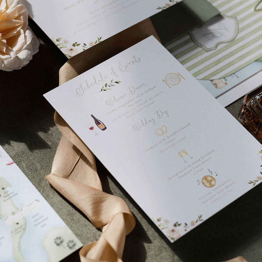 Wedding schedule of events order of events with custom wedding illustrations